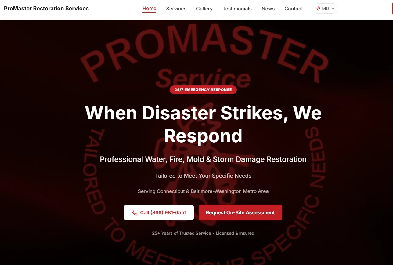 ProMaster Services — professional home services website showcasing restoration and remodeling.